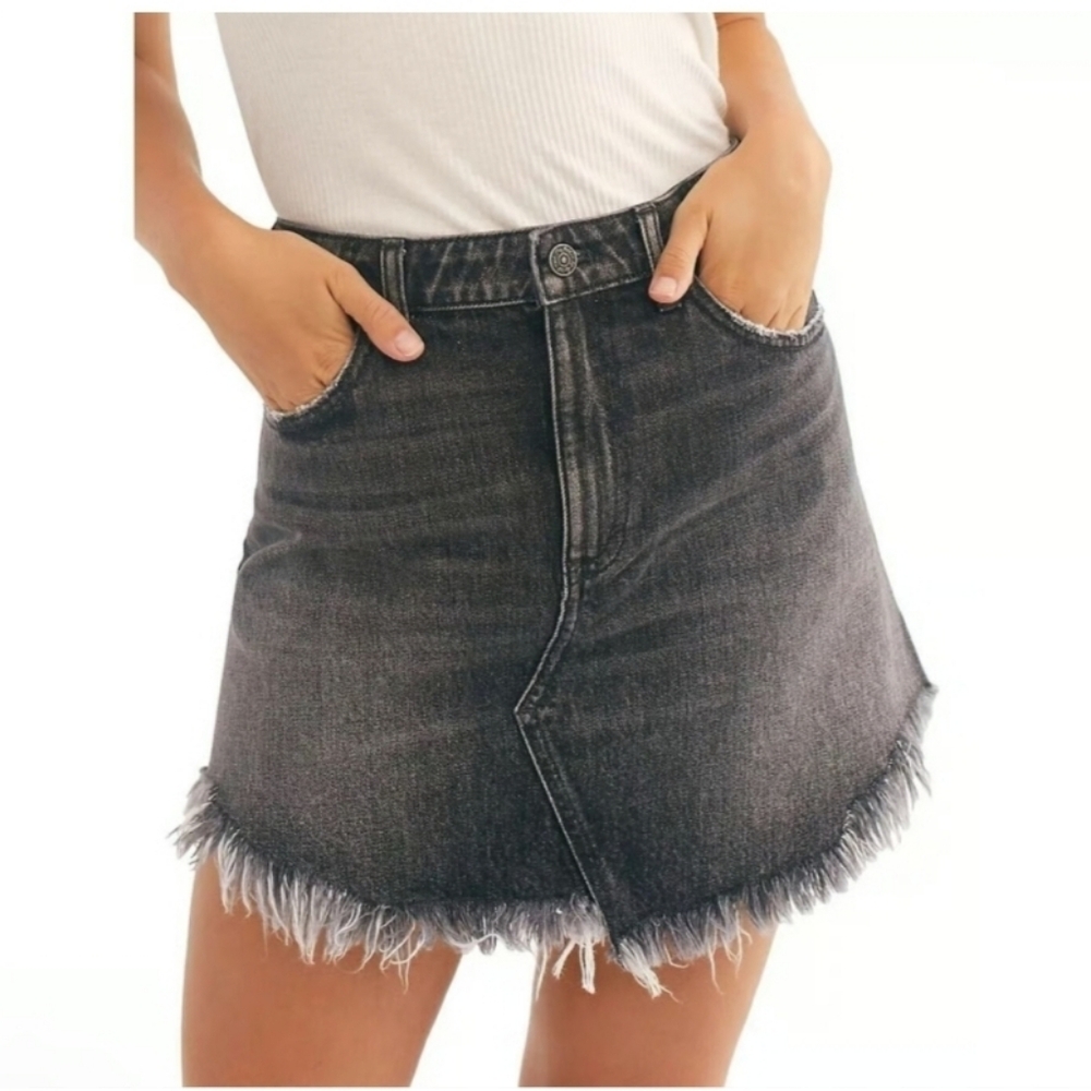 We the Free Free People Bailey Fringe Denim Mini Skirt Western Washed Black 28
